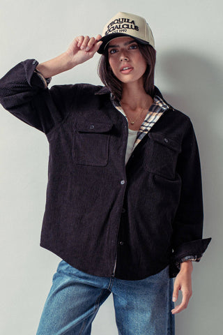 Urban Daizy - Plaid Flannel-Lined Corduroy Shacket