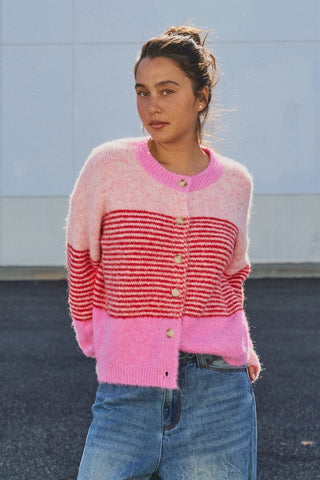 Urban Daizy - Striped Fuzzy Knit Volume Sleeve Cardigan