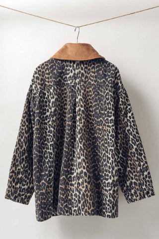 Urban Daizy - Leopard Print Corduroy Collar Barn Jacket
