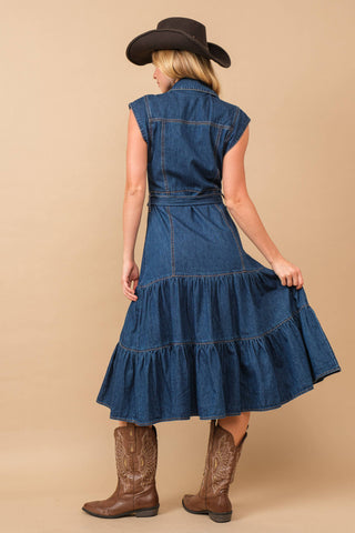 Blue B Belted Button-Up Tiered Midi Dress