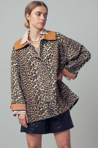 Urban Daizy - Leopard Print Corduroy Collar Barn Jacket