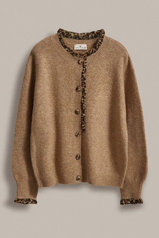 Urban Daizy Leopard Ruffle Trim Knit Cardigan | Camel