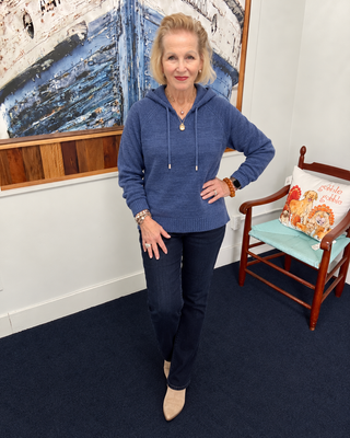 Coco + Carmen hooded sweater Patriot Blue styled on boutique owner