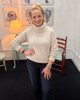 Coco + Carmen textured turtleneck Oatmeal modeled for fall