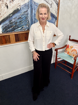 Ivory Cropped Soft Button-Up Shirt | Panache modeled by Vickie at Savvie’s Blue Shell Boutique