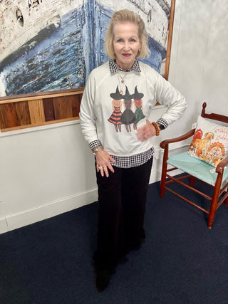 Halloween Girls Graphic Sweatshirt | Panache modeled by Vickie at Savvie’s Blue Shell Boutique