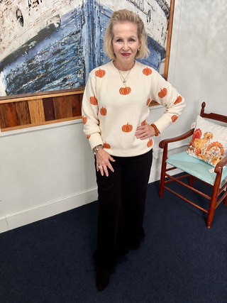 Cream Pumpkin Print Sweater | Panache modeled by Vickie at Savvie’s Blue Shell Boutique