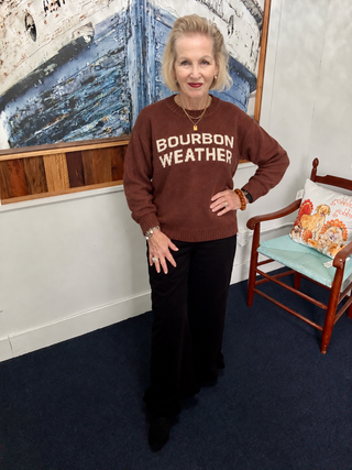 Bourbon Weather Brown Sweater | Panache modeled by Vickie at Savvie’s Blue Shell Boutique