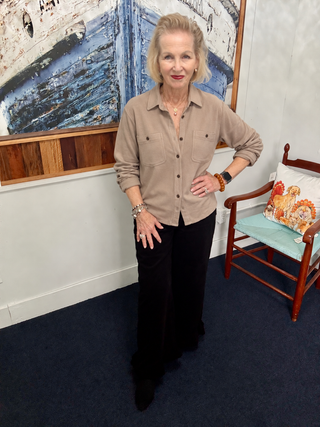 Taupe Super-Soft Button-Up Shirt | Panache modeled by Vickie at Savvie’s Blue Shell Boutique