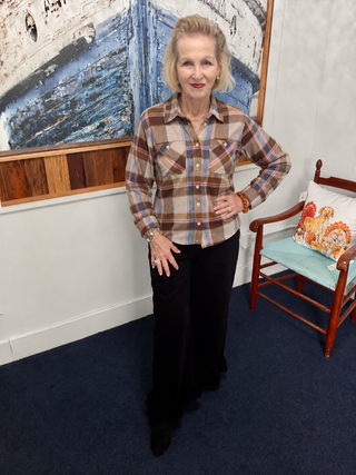 Brown, Blue & Pink Plaid Button-Up | Panache modeled by Vickie at Savvie’s Blue Shell Boutique
