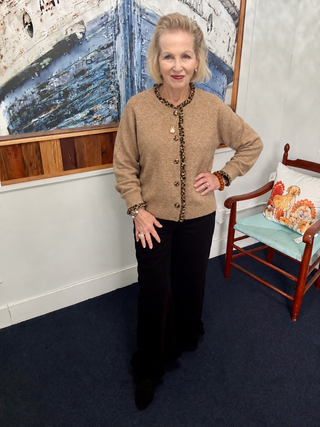 Urban Daizy Leopard Ruffle Trim Knit Cardigan | Camel modeled by Vickie at Savvie’s Blue Shell Boutique