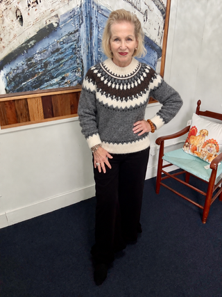 Coco + Carmen Perissa Fair Isle Mock Neck Sweater modeled by Vickie at Savvie’s Blue Shell Boutique