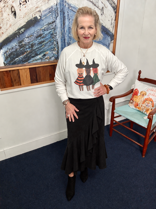 Coco + Carmen Canyon Faux Suede Ruffle Midi Skirt modeled by Vickie at Savvie’s Blue Shell Boutique
