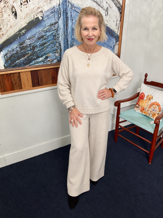 Coco + Carmen Heavenly-Luxe Cable Knit Pants modeled by Vickie at Savvie’s Blue Shell Boutique