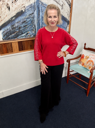 Coco + Carmen Heavenly-Luxe Rhinestone Dolman Sweater modeled by Vickie at Savvie’s Blue Shell Boutique