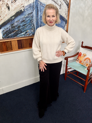 Coco + Carmen Heavenly-Luxe Textured Turtleneck Sweater modeled by Vickie at Savvie’s Blue Shell Boutique